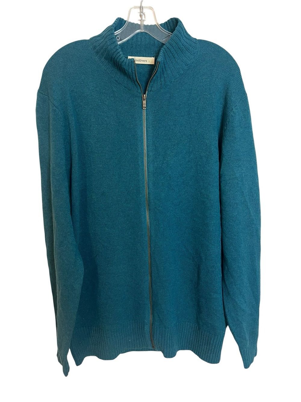 WoolOvers 100% Lambswool Sweater L Teal Blue Full Zip Mock Neck Cardigan